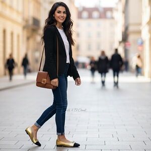 Sam Edelman Marley Gold Black Cap Toe Ballet Flats Women’s Size 9.5M Leather NIB